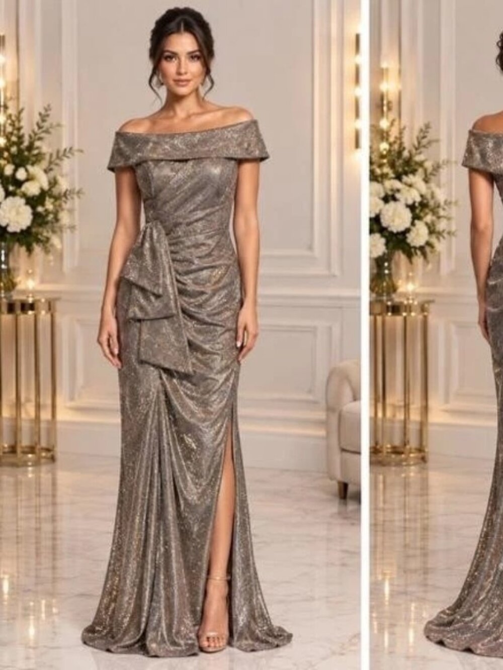 Xscape Sand Cascade Ruffle Detail Off the Shoulder Metallic Gown